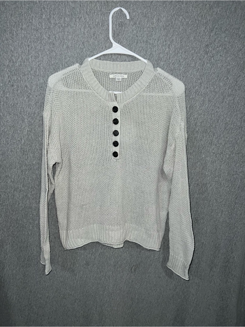 American Eagle Outfitters Cream Henley Knit Pullover with Black Buttons